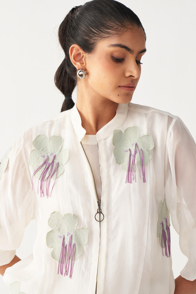 FLORAL FRINGE BOMBER-IVORY chanderi by THREE in ivory color for women Worldwide