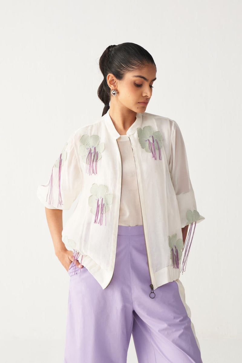 FLORAL FRINGE BOMBER CO-ORD-IVORY & LAVENDER chanderi by THREE in ivory color for women Worldwide
