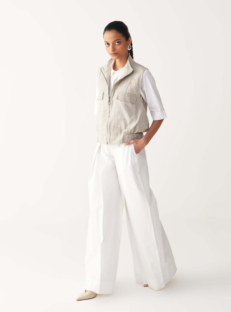 SLEEVELESS EMB. POCKET BOMBER -BEIGE cotton by THREE in beige color for women Worldwide