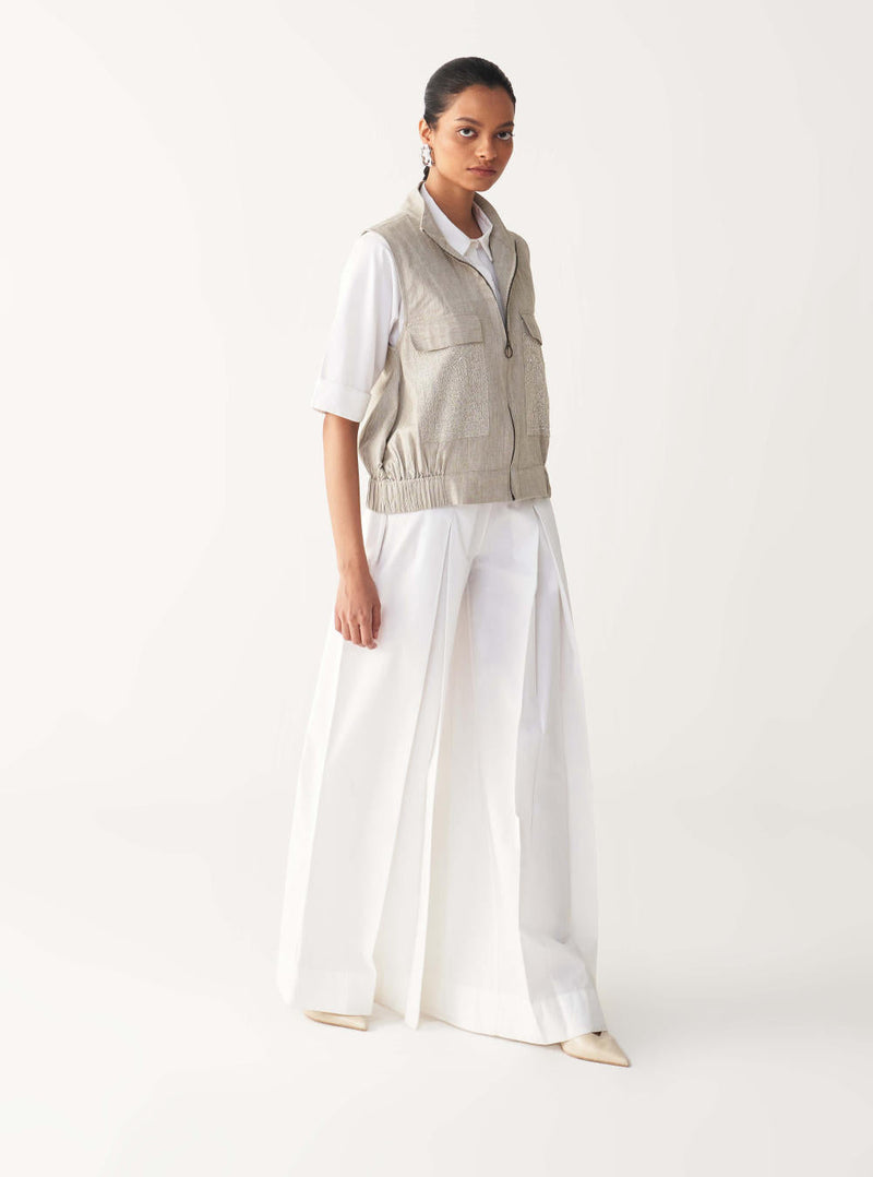 SLEEVELESS EMB. POCKET BOMBER -BEIGE cotton by THREE in beige color for women Worldwide
