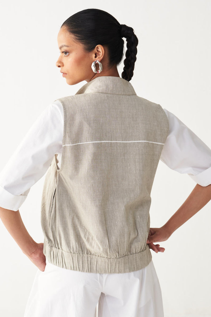 SLEEVELESS EMB. POCKET BOMBER -BEIGE cotton by THREE in beige color for women Worldwide