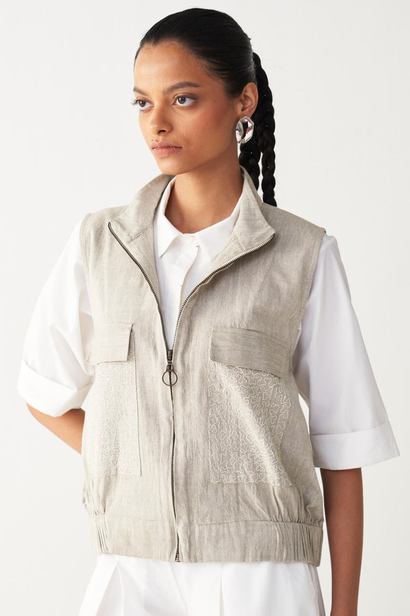 SLEEVELESS EMB. POCKET BOMBER (SET OF 3)-BEIGE & WHITE cotton by THREE in beige color for women Worldwide