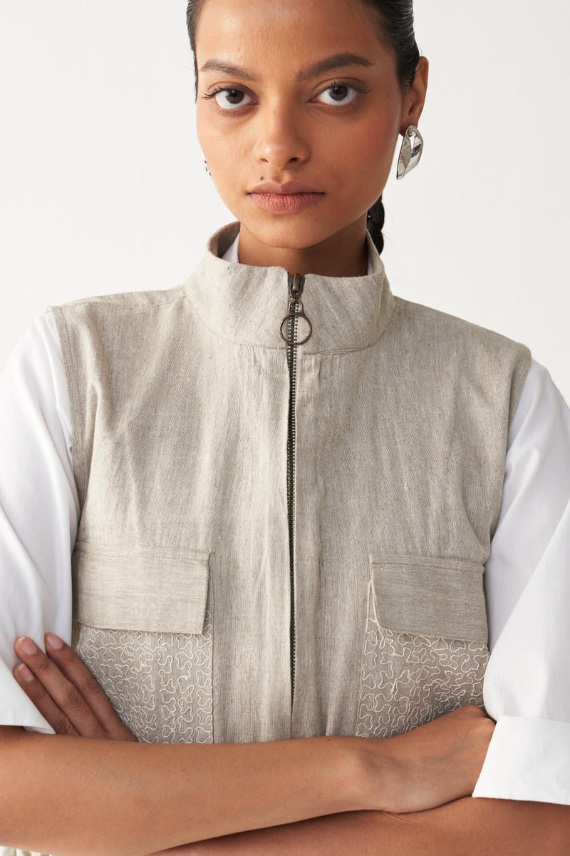 SLEEVELESS EMB. POCKET BOMBER -BEIGE cotton by THREE in beige color for women Worldwide