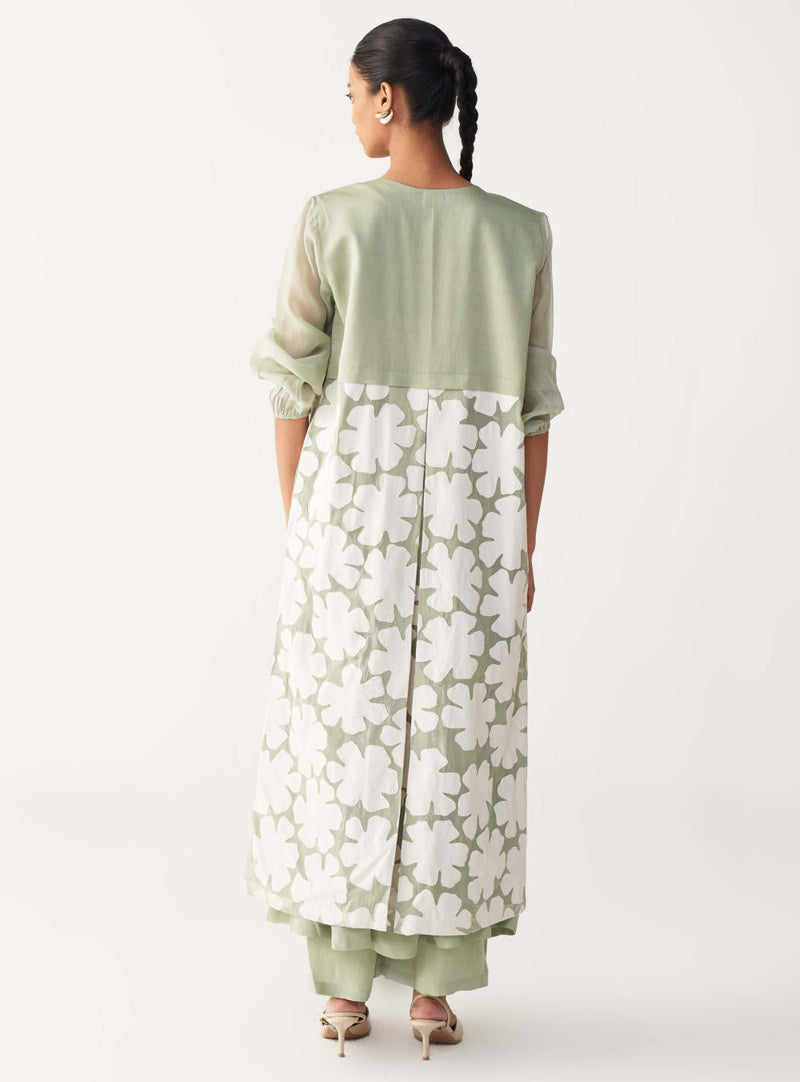 FLORAL BACK YOKE JACKET CO-ORD (SET OF 3)-MINT organza by THREE in mint color for women Worldwide