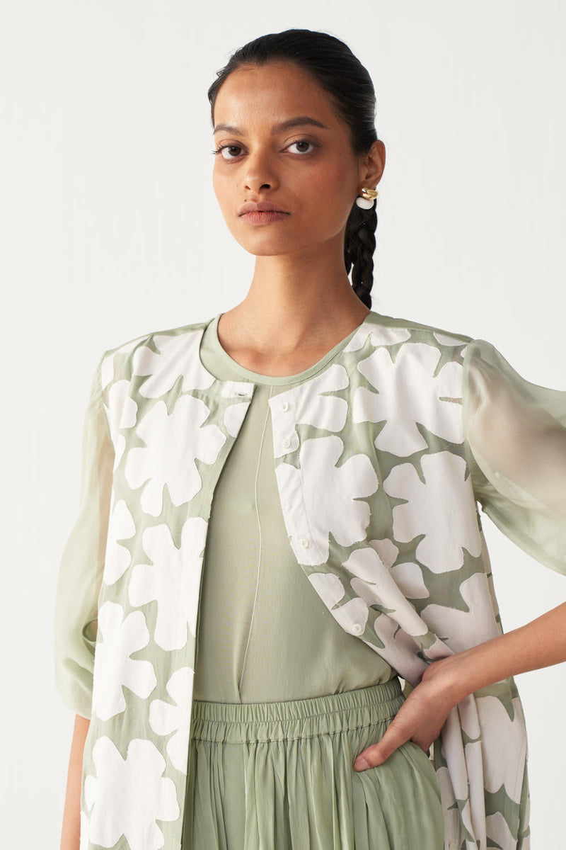 FLORAL BACK YOKE JACKET CO-ORD (SET OF 3)-MINT organza by THREE in mint color for women Worldwide