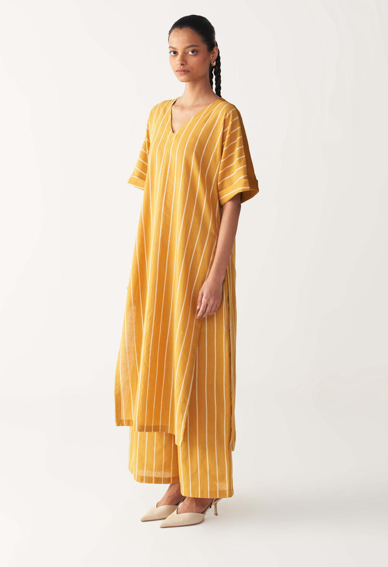 V-NECK KAFTAN CO-ORD-MUSTARD STRIPES cotton by THREE in mustard color for women Worldwide