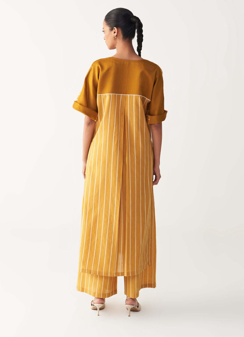 V-NECK KAFTAN CO-ORD-MUSTARD STRIPES cotton by THREE in mustard color for women Worldwide