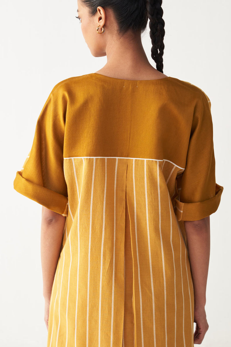 V-NECK KAFTAN CO-ORD-MUSTARD STRIPES cotton by THREE in mustard color for women Worldwide