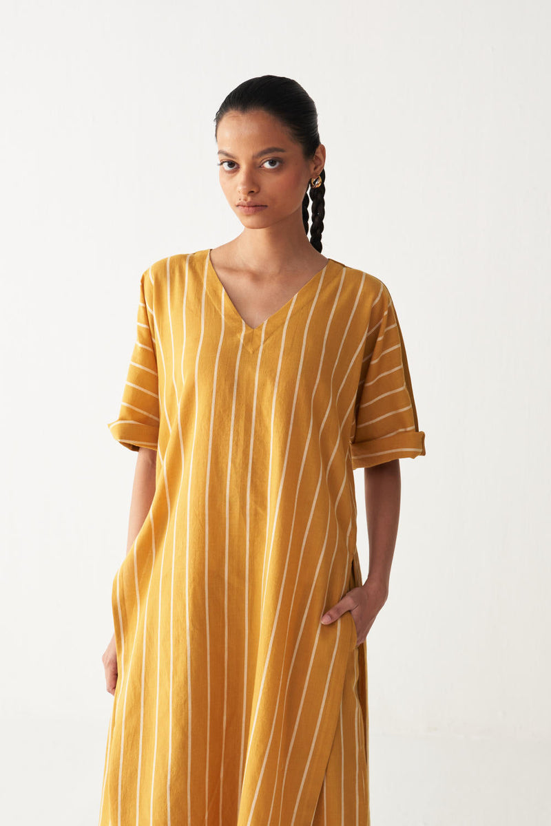 V-NECK KAFTAN CO-ORD-MUSTARD STRIPES cotton by THREE in mustard color for women Worldwide