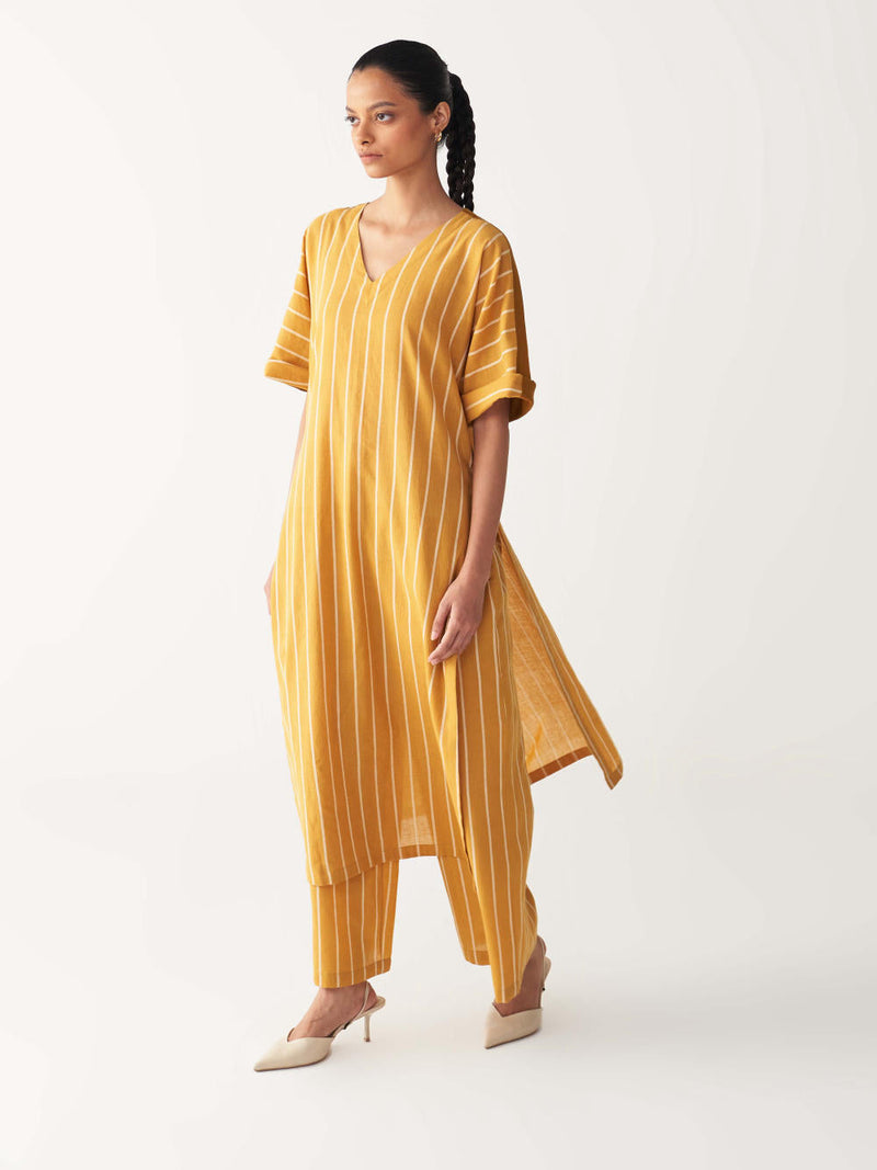 V-NECK KAFTAN CO-ORD-MUSTARD STRIPES cotton by THREE in mustard color for women Worldwide