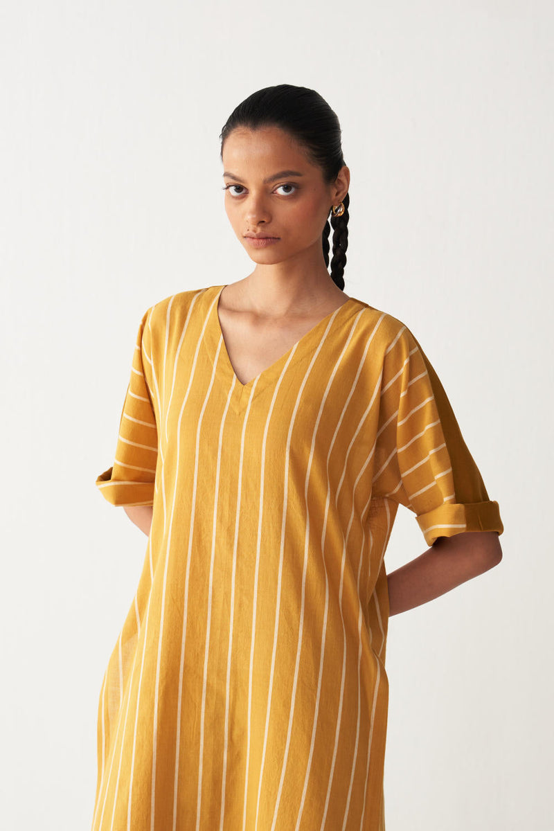 V-NECK KAFTAN CO-ORD-MUSTARD STRIPES cotton by THREE in mustard color for women Worldwide