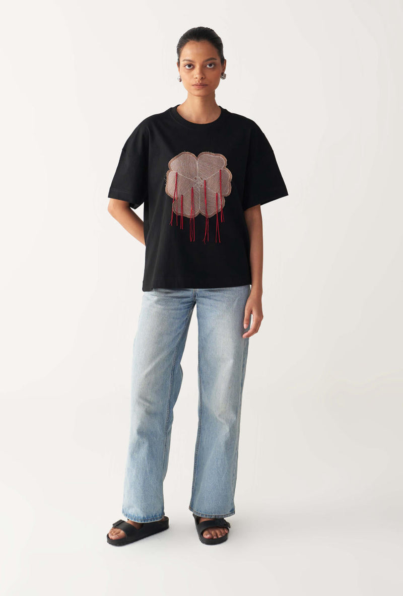 FLORAL FRINGE T-SHIRT+DENIM-BLACK cotton by THREE in black color for women Worldwide