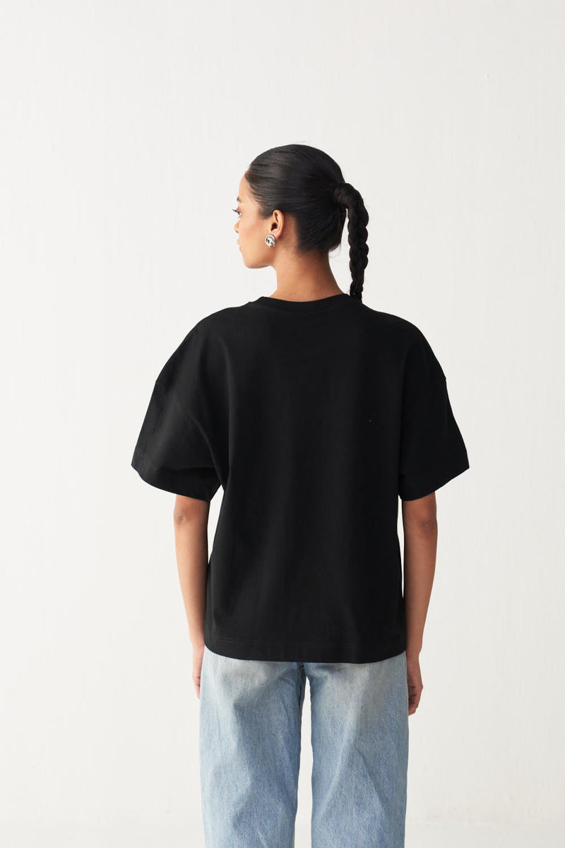 FLORAL FRINGE T-SHIRT+DENIM-BLACK cotton by THREE in black color for women Worldwide