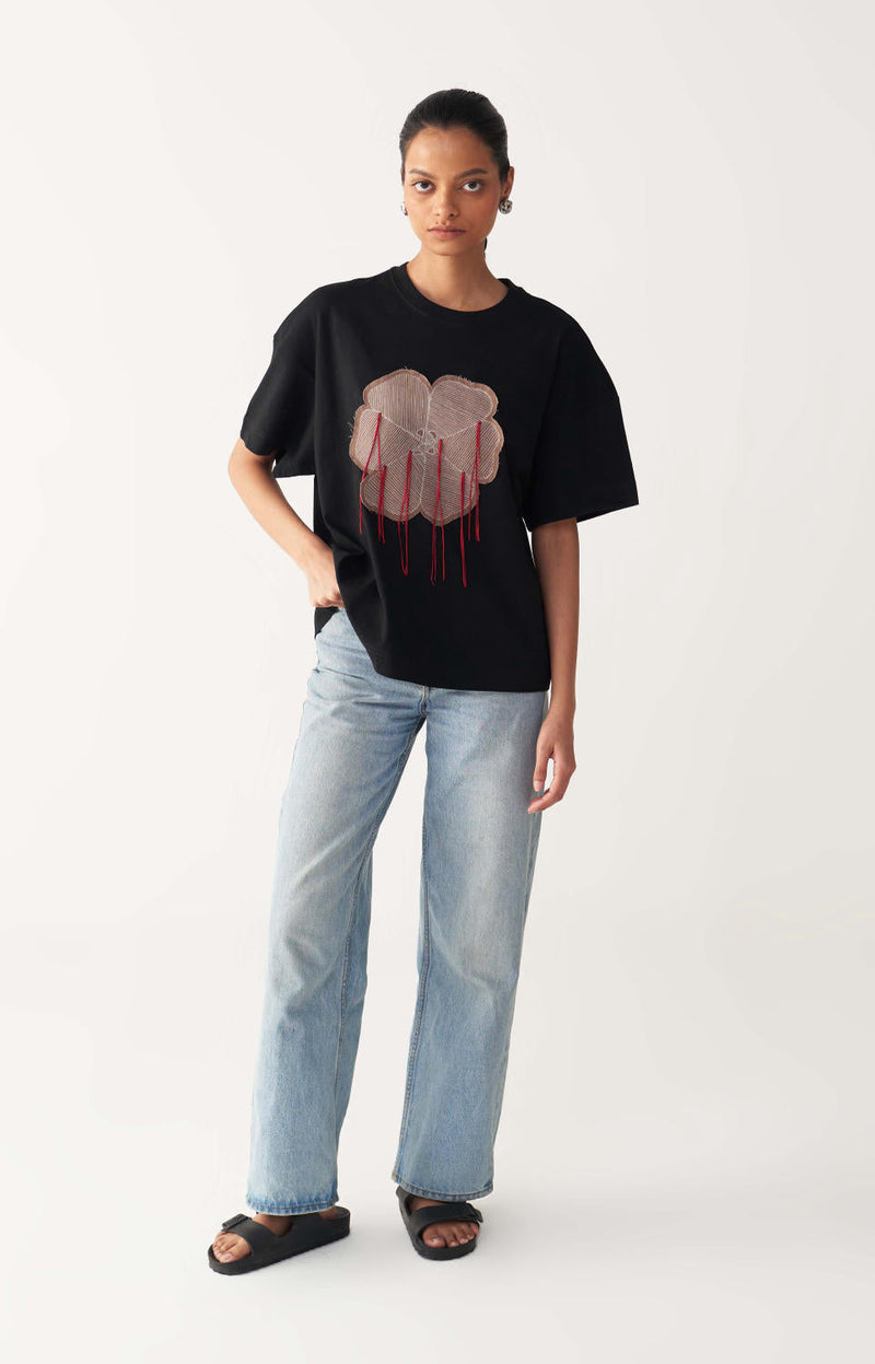 FLORAL FRINGE T-SHIRT+DENIM-BLACK cotton by THREE in black color for women Worldwide