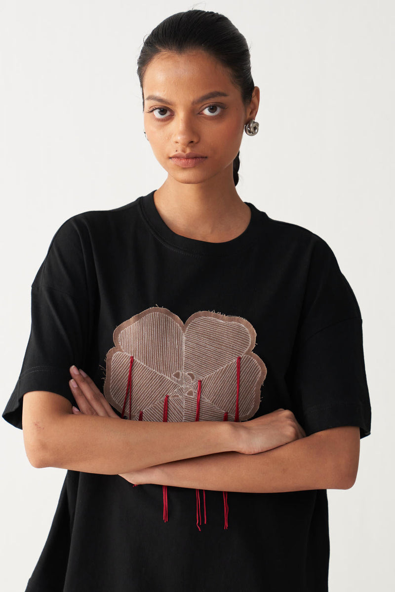 FLORAL FRINGE T-SHIRT+DENIM-BLACK cotton by THREE in black color for women Worldwide