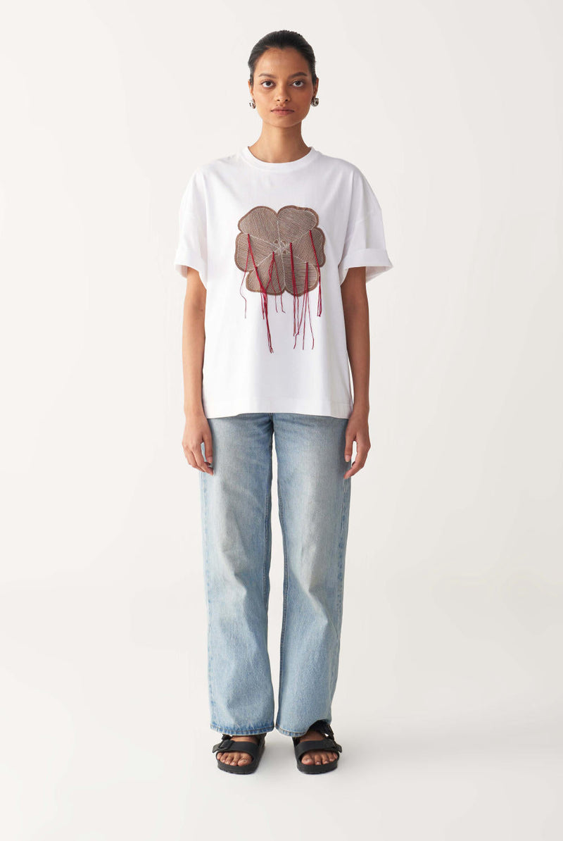FLORAL FRINGE T-SHIRT + DENIM-WHITE cotton by THREE in white color for women Worldwide