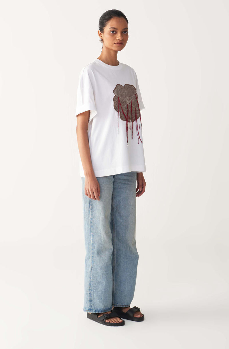 FLORAL FRINGE T-SHIRT + DENIM-WHITE cotton by THREE in white color for women Worldwide