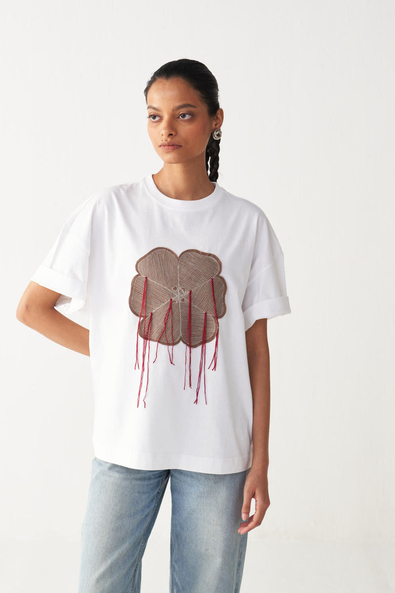 FLORAL FRINGE T-SHIRT + DENIM-WHITE cotton by THREE in white color for women Worldwide