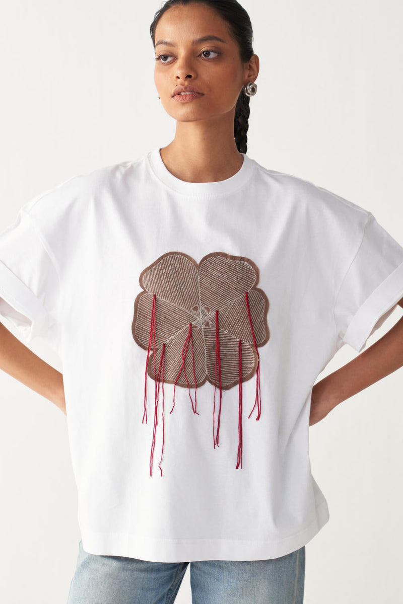 FLORAL FRINGE T-SHIRT + DENIM-WHITE cotton by THREE in white color for women Worldwide