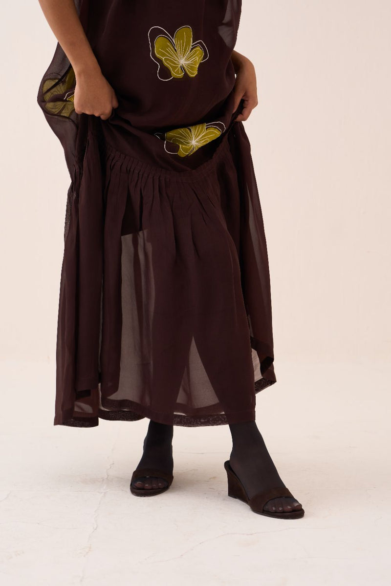 Floral Reverse Applique Bottom Frill Dress (Slip Included) poplin by THREE in brown color for women Worldwide