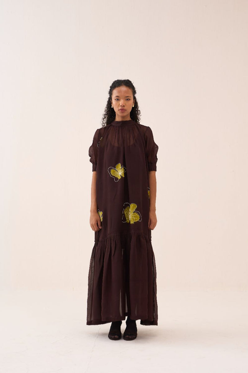 Floral Reverse Applique Bottom Frill Dress (Slip Included) poplin by THREE in brown color for women Worldwide