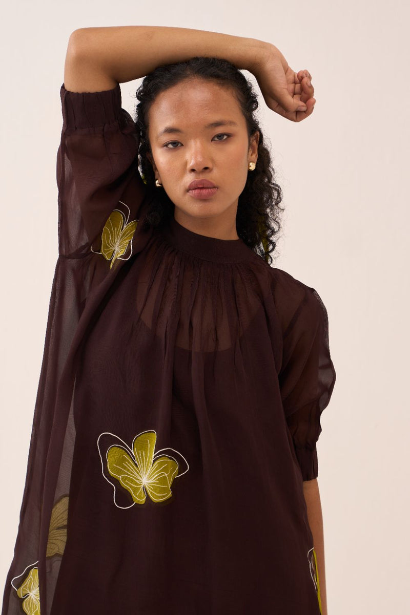 Floral Reverse Applique Bottom Frill Dress (Slip Included) poplin by THREE in brown color for women Worldwide