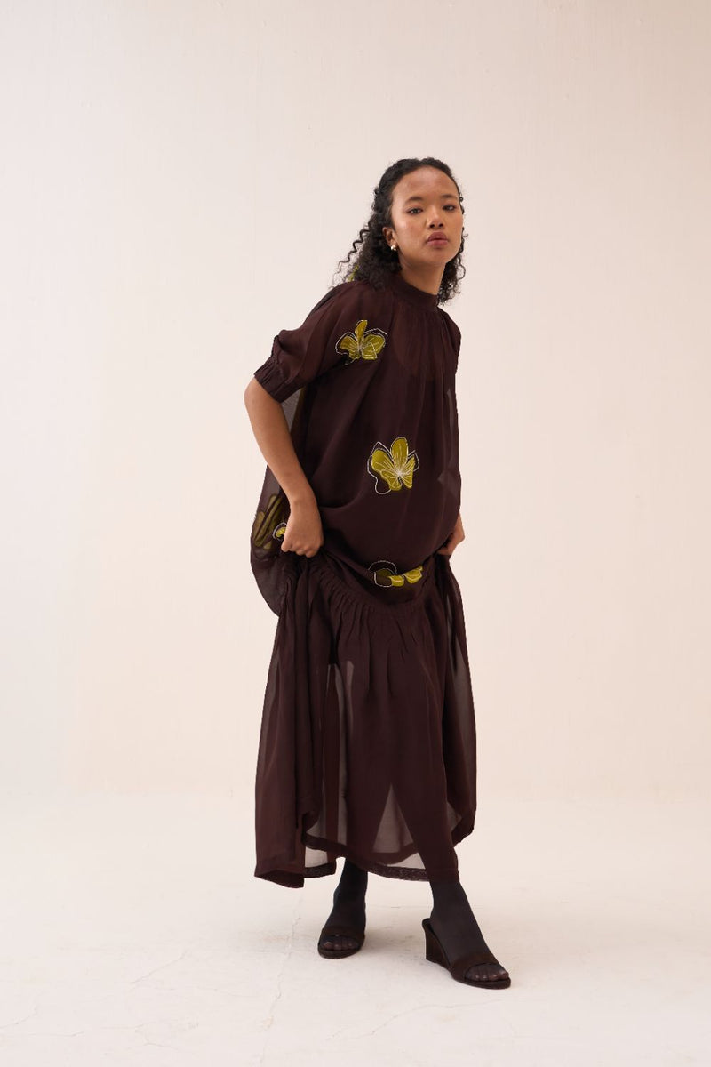 Floral Reverse Applique Bottom Frill Dress (Slip Included) poplin by THREE in brown color for women Worldwide