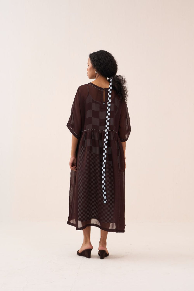 Yoke Gather Dress silk by THREE in brown color for women Worldwide