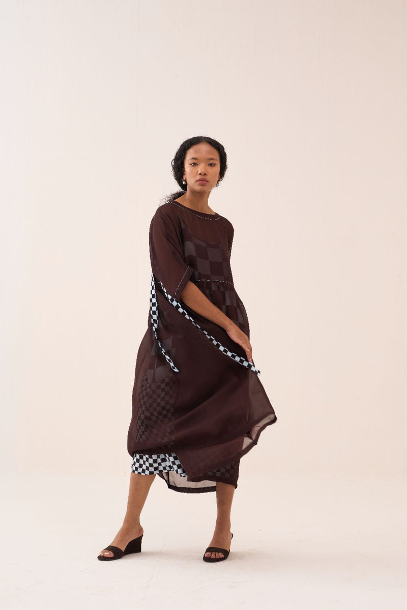 Yoke Gather Dress silk by THREE in brown color for women Worldwide