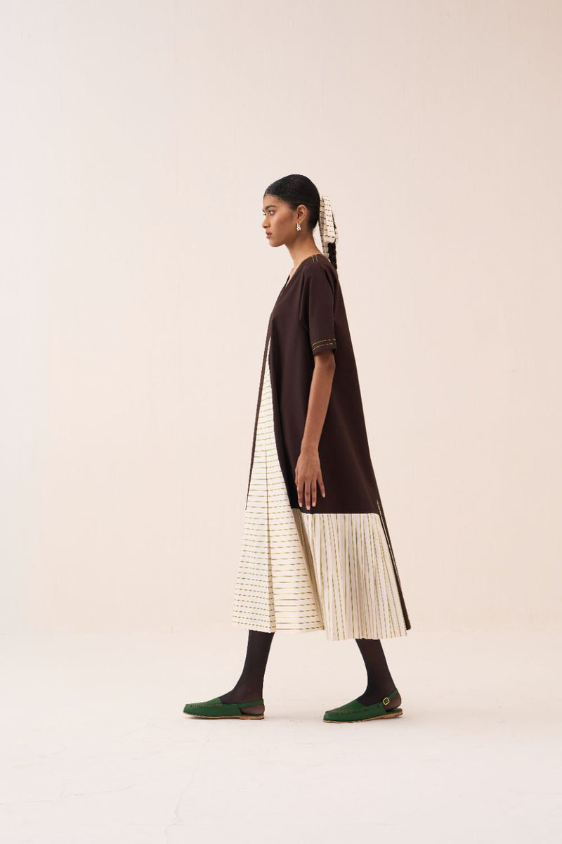 Front Pleat Stripe Panel Dress poplin by THREE in brown color for women Worldwide