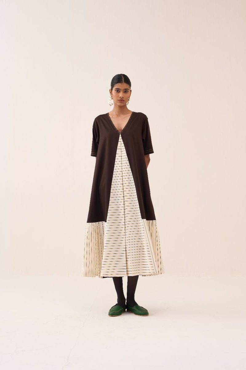 Front Pleat Stripe Panel Dress poplin by THREE in brown color for women Worldwide