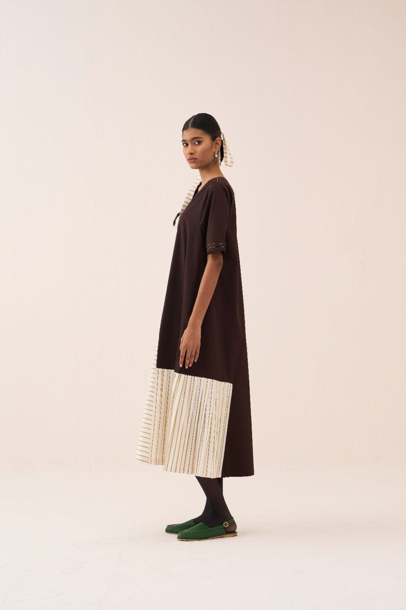 Front Pleat Stripe Panel Dress poplin by THREE in brown color for women Worldwide