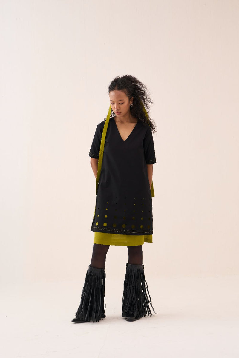 Short Double Layer Dress poplin by THREE in black color for women Worldwide