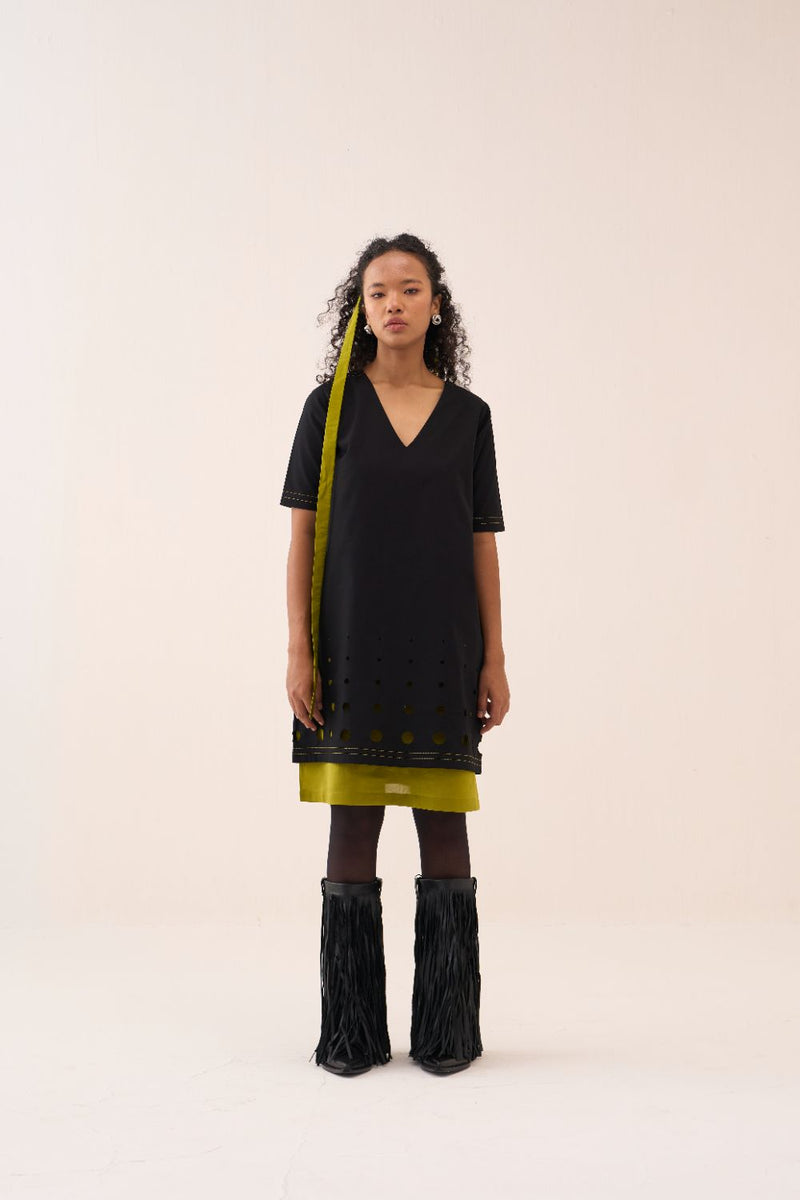 Short Double Layer Dress poplin by THREE in black color for women Worldwide