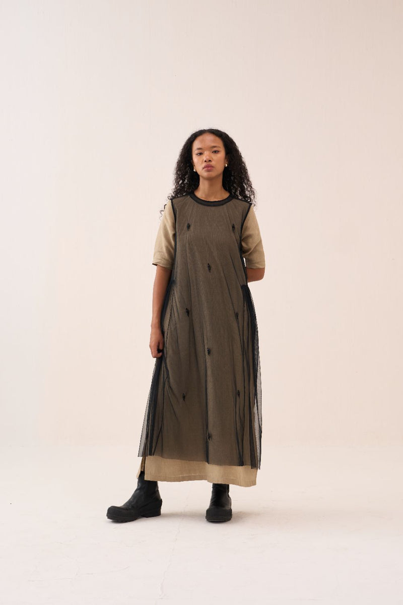 Emb. Side Gather Dress by THREE in black color for women Worldwide
