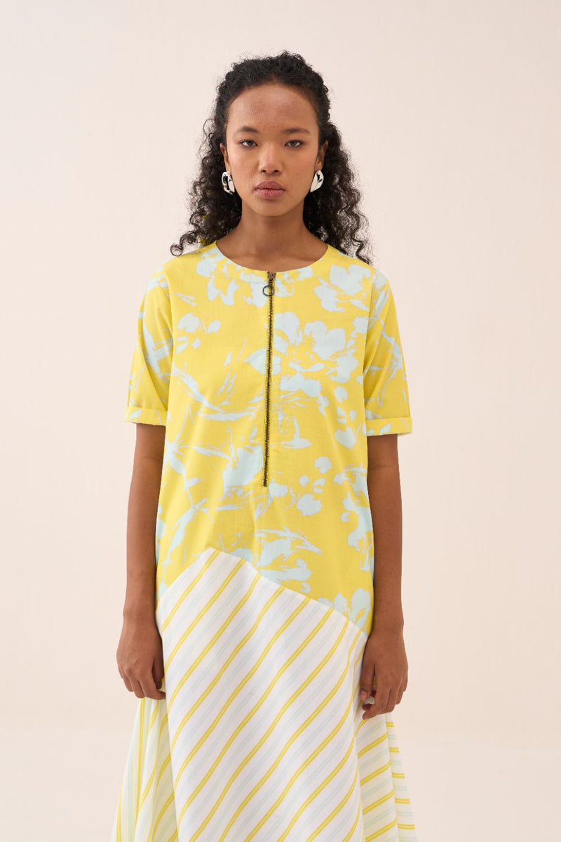 Handkerchief Dress - Yellow & Blue Print poplin by THREE in blue color for women Worldwide