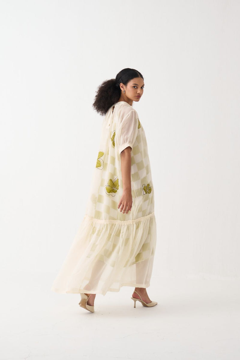 Floral Reverse Applique Bottom Frill Dress organza by THREE in ivory color for women Worldwide