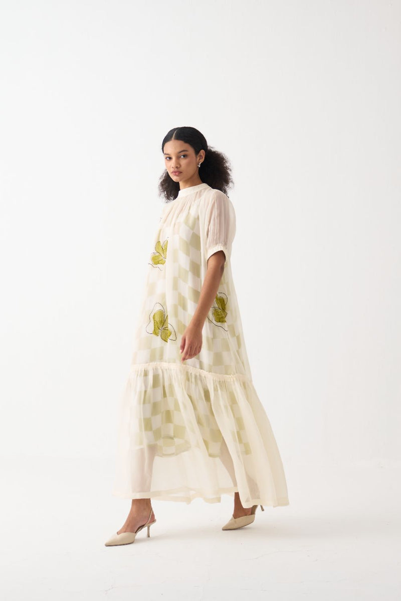 Floral Reverse Applique Bottom Frill Dress organza by THREE in ivory color for women Worldwide