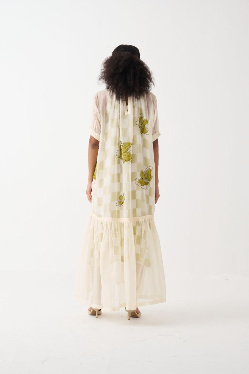 Floral Reverse Applique Bottom Frill Dress organza by THREE in ivory color for women Worldwide