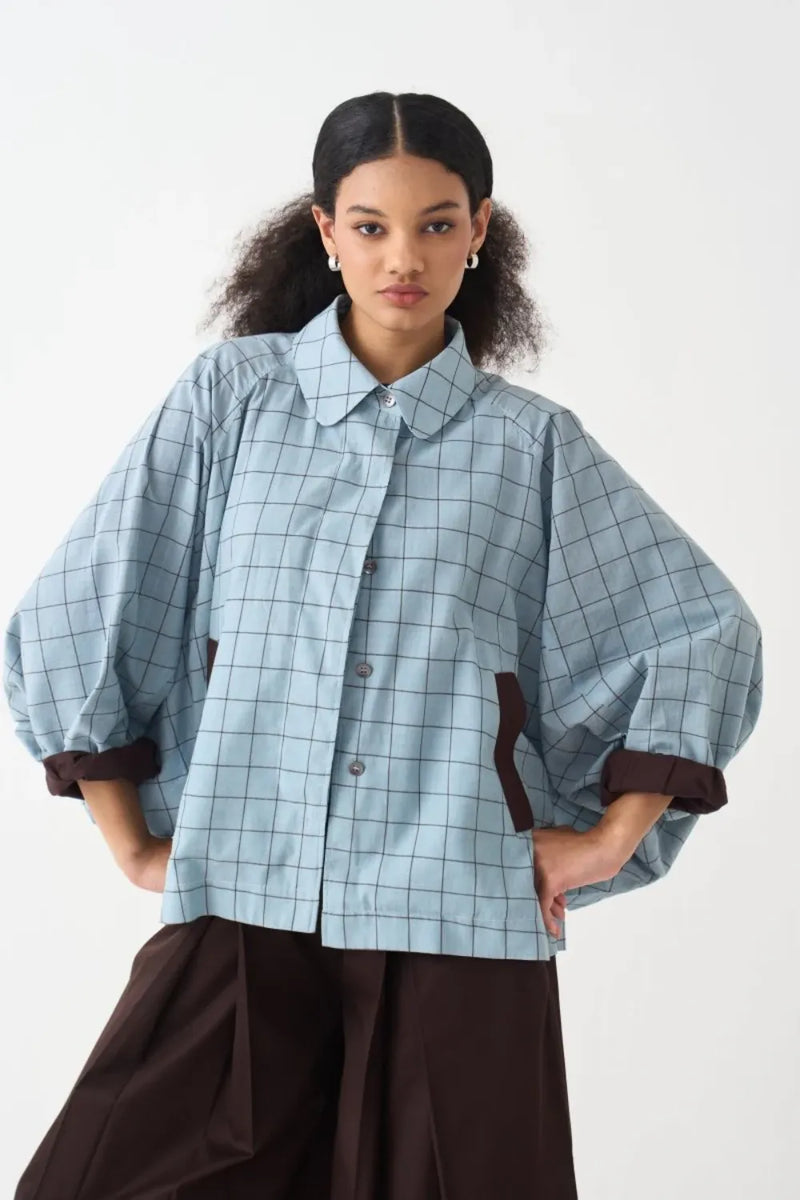 Bat Sleeve Jacket Co-Ord - Powder Blue Check (Set Of 2) cotton by THREE in brown color for women Worldwide