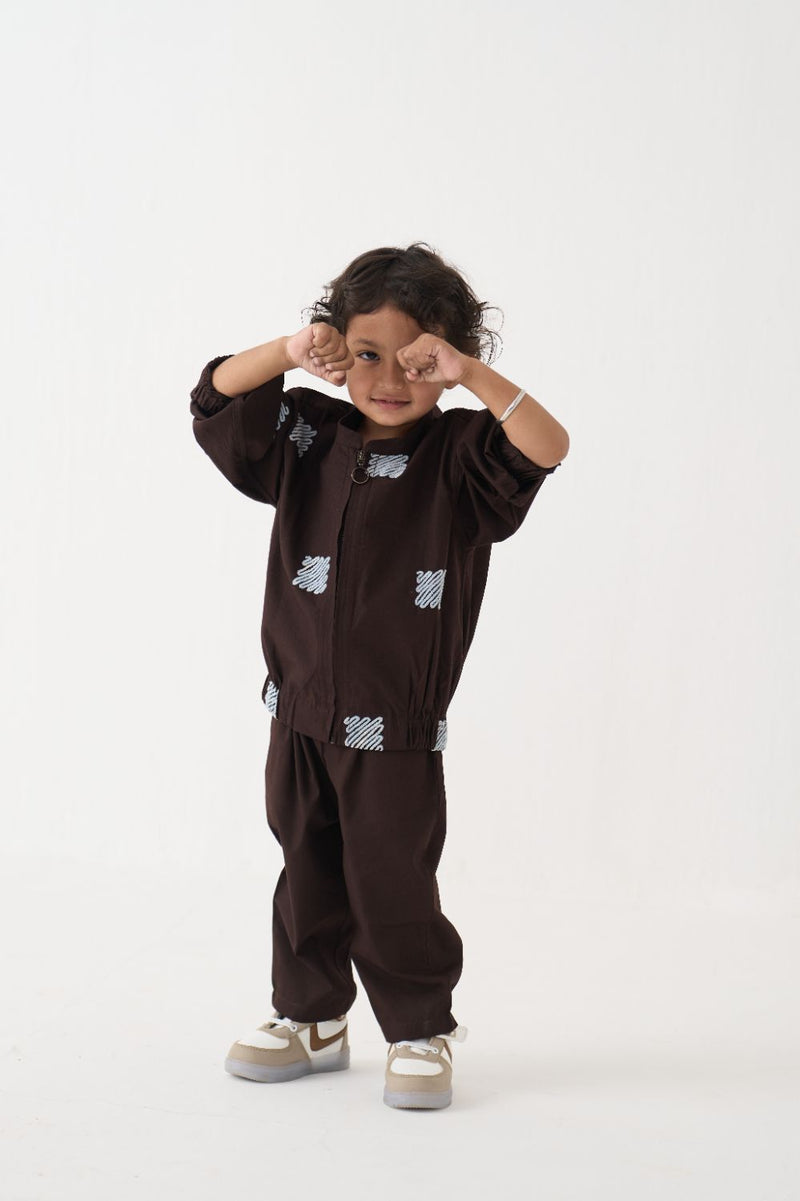 Boy - Emb. Bomber Jacket Co-Ord (Set Of 2) - Dark Brown