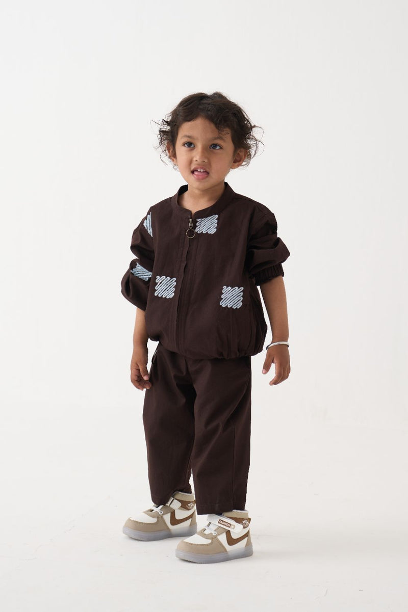 Boy - Emb. Bomber Jacket Co-Ord (Set Of 2) - Dark Brown