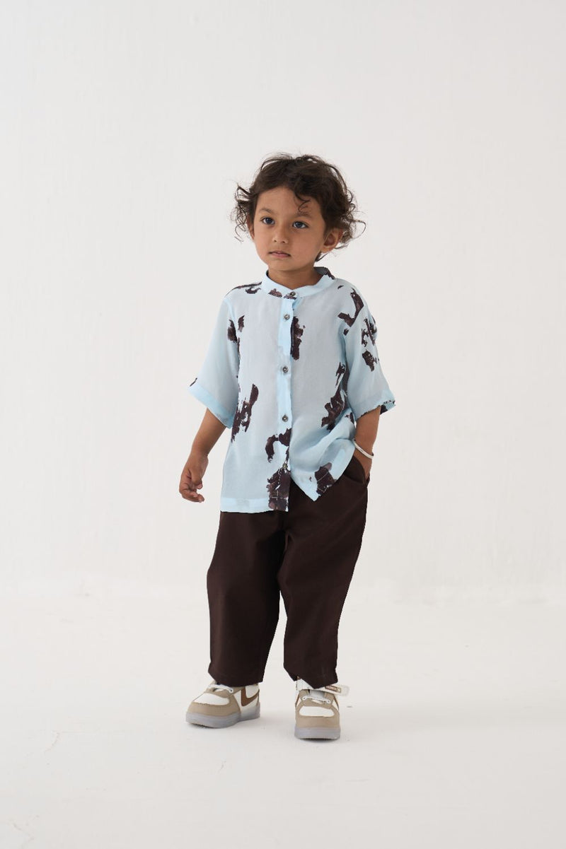 Boy - Printed Band Collar Shirt Co-Ord - Blue