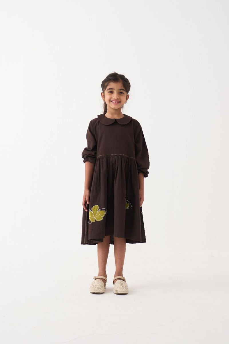 Girl - Floral Applique Peter Pan Collar Dress - Dark Brown