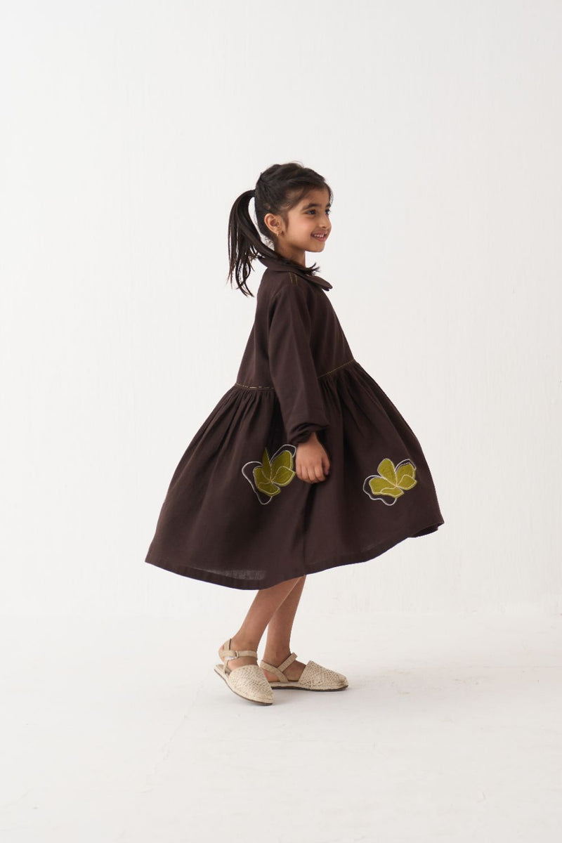 Girl - Floral Applique Peter Pan Collar Dress - Dark Brown