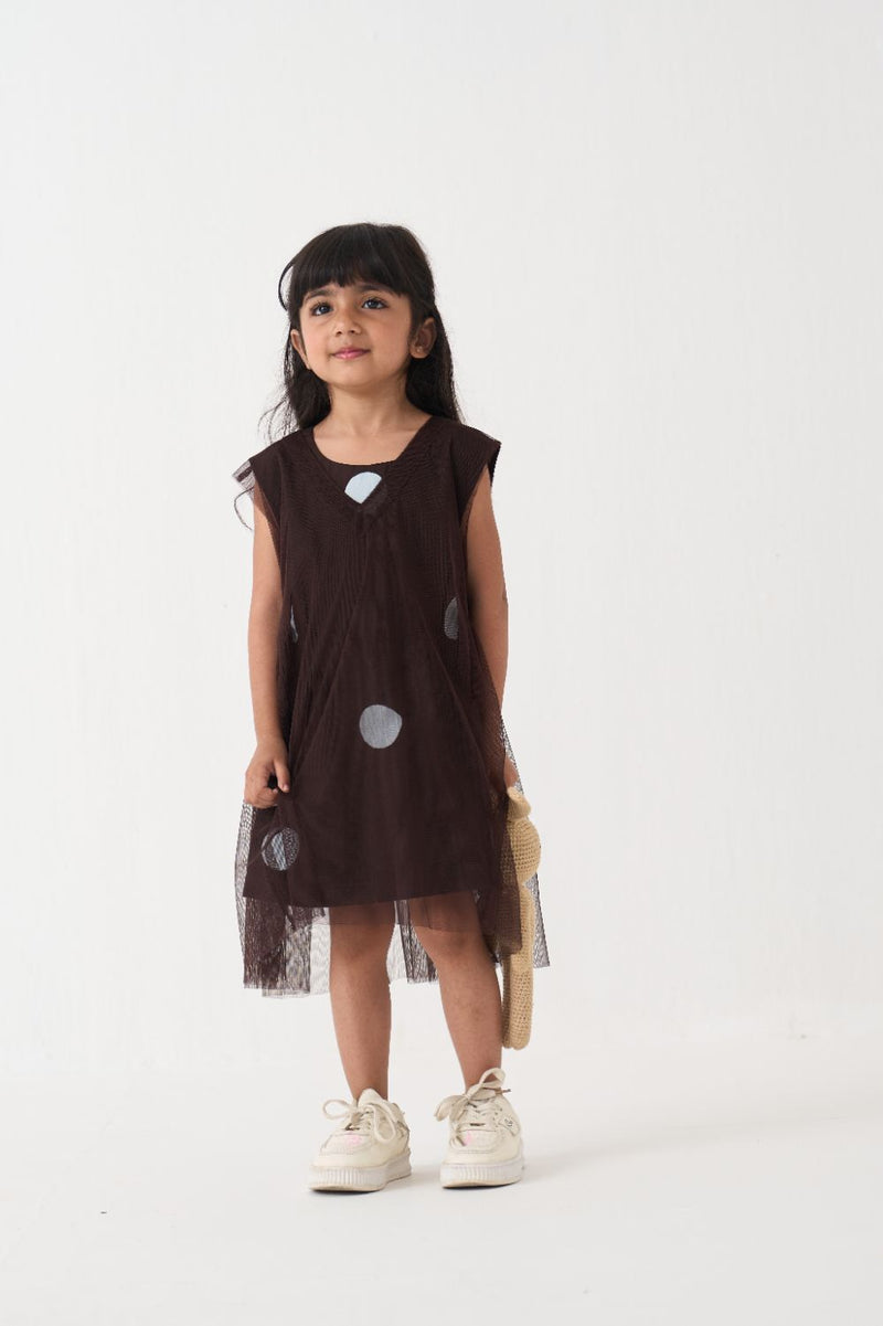 Girl - Polka Side Elastic Dress - Dark Brown