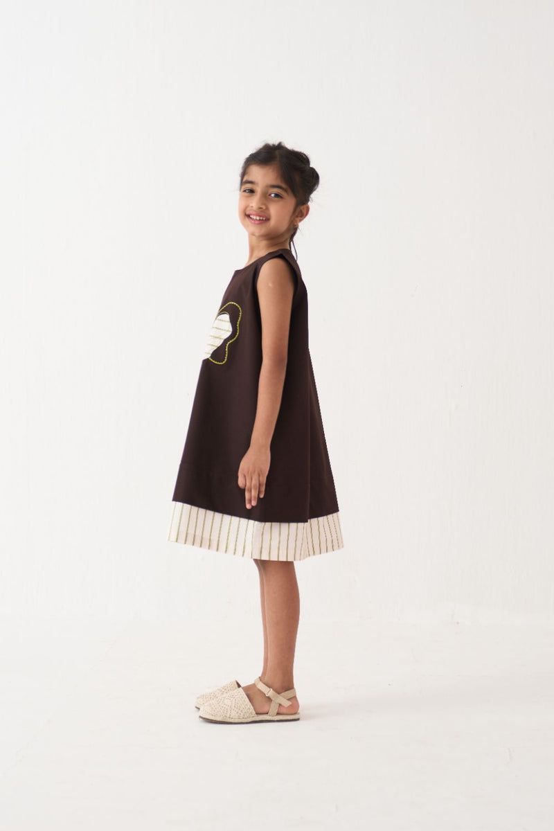 Girl - Floral Applique Dress - Dark Brown