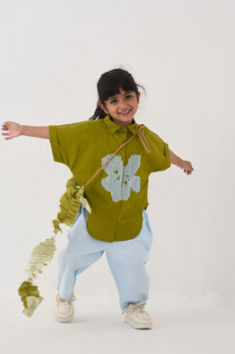 Girl - Floral Emb. U Hem Shirt Co-Ord - Lime