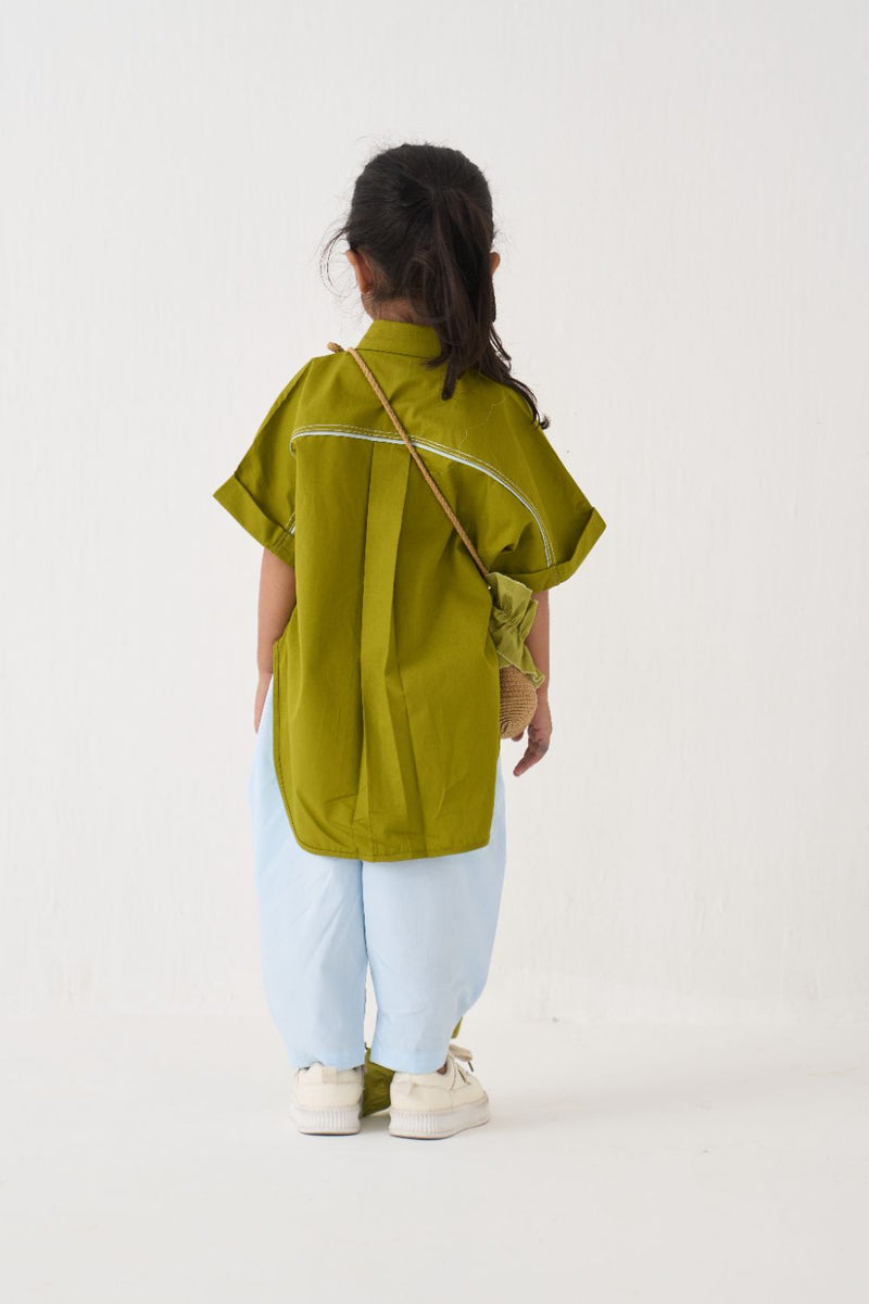 Girl - Floral Emb. U Hem Shirt Co-Ord - Lime