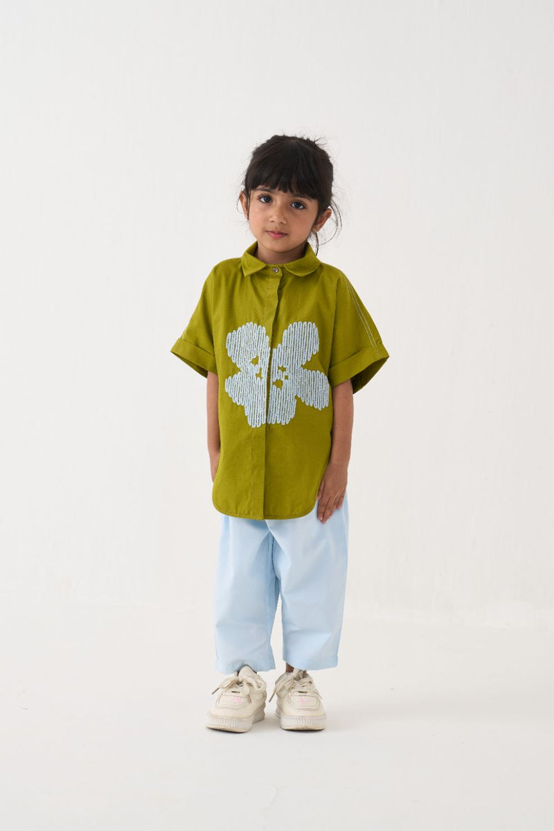 Girl - Floral Emb. U Hem Shirt Co-Ord - Lime